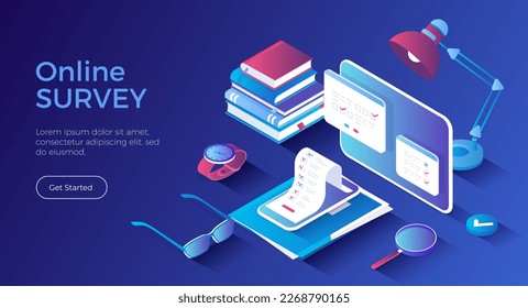 Online Survey and Polling. Internet mobile questionnaire. Survey form on on tablet and phone screens. Isometric landing page. Vector web banner.	
