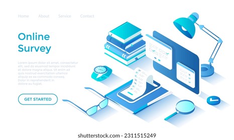 Online Survey and Polling. Internet mobile questionnaire. Survey form on on tablet and phone screens. Isometric illustration. Landing page template for web on white background.	

