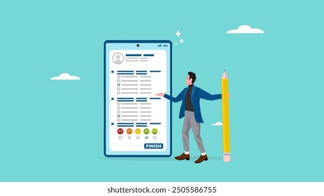 Online survey questionnaire, comments or criticism and suggestions, answer questions online, customer feedback list for evaluation, man with pencil finish online survey questionnaire on smartphone