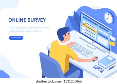 Online Survey Or Questionnaire Concept. Can Use For Web Banner, Infographics, Hero Images. Flat Isometric Vector Illustration Isolated On White Background.