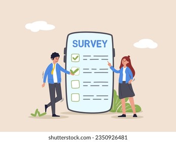 Online survey questionnaire concept. Poll, opinion or customer feedback using internet concept, man and woman using mobile or smartphone to fill in online survey checklist.