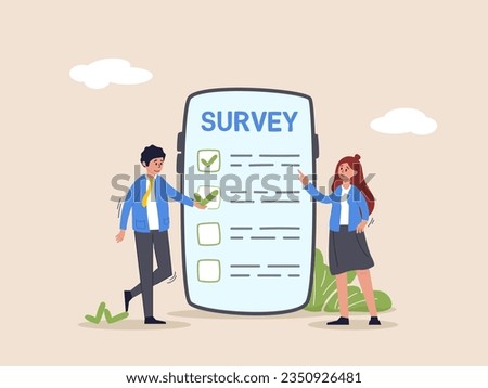 Online survey questionnaire concept. Poll, opinion or customer feedback using internet concept, man and woman using mobile or smartphone to fill in online survey checklist.