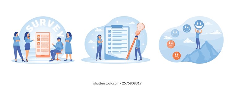 Online survey questionnaire. Fill out the survey form and tick. Feedback rating or appreciation. Online Survey Concept. Set flat vector illustration.