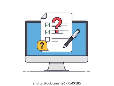 Online survey questionnaire form development with pen and checklist on computer screen
