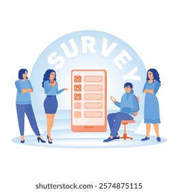 Online survey questionnaire. Men and women using smartphones to fill out online survey checklists. Online Survey concept. Flat vector illustration.