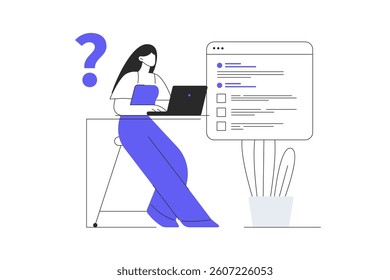 Online Survey and Rating. Character Filling Survey Form, giving Feedback and Writing Comments. User Experiences Concept. Flat Cartoon Vector Illustration, icon. Stylish abstract design web