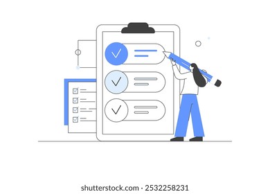 Online Survey, Rating Icon. Character Filling Survey Form, putting Check Marks on Checklist, Feedback. User Experiences Concept. Flat Cartoon Vector Illustration. Minimalist line, abstract