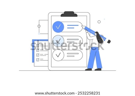 Online Survey, Rating Icon. Character Filling Survey Form, putting Check Marks on Checklist, Feedback. User Experiences Concept. Flat Cartoon Vector Illustration. Minimalist line, abstract