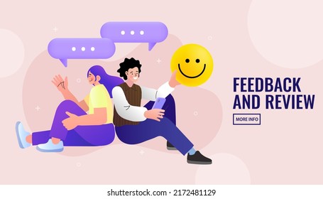 Online survey and rating scene. Character giving feedback and writing review. User experiences concept. Flat cartoon vector illustration isolated.