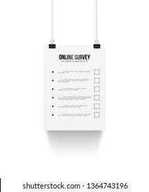Online survey realistic vector template. Empty paper sheet layout. Blank form, to-do checklist isolated clipart. Questionnaire, quiz. White voting paper, candidates list with checkboxes illustration