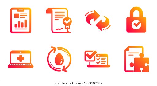 Online survey, Report document and Refill water line icons set. Medical help, Approved agreement and Password encryption signs. Refresh, Strategy symbols. Quiz test, Page with charts. Vector