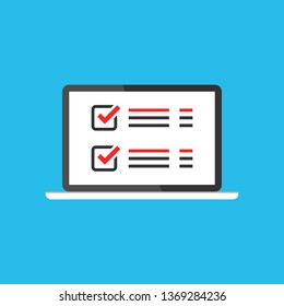 Online survey sign icon in flat style. Questionnaire  vector illustration on white isolated background. Laptop, computer screen banner business concept.