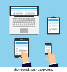 Online survey technology app computer tablet smartphone hand finger touch laptop checkbox customer internet marketing support report vector blue mobile screen devices digital service research web form