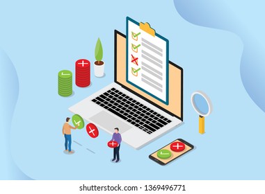 Online Survey Technology Concept With People And Laptop With Checklist Pools - Vector Illustration