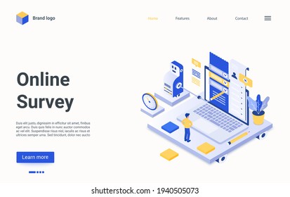 Online survey technology isometric vector illustration. Cartoon 3d man customer character standing next to big laptop with survey checklist questionnaire on screen, report review service landing page