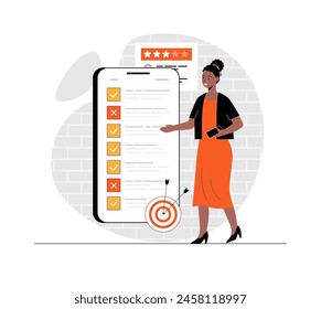 Online survey, test, exam, quiz. Man filling survey form, leave a review feedback on checklist. Illustration with people scene in flat design for website and mobile development.	
