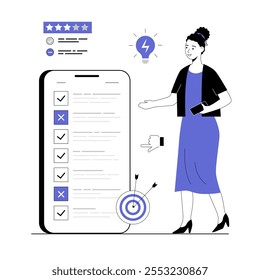 Online survey, test, exam, quiz. Man filling survey form, leave a review feedback on checklist. Vector illustration with line people for web design.