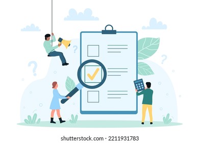 Online survey, test form with checklist and result vector illustration. Cartoon tiny people looking through loupe on approved document with checkbox, control analysis from team of man and woman