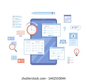 Online Survey Testing Questionnaire. Phone screen with online filling forms and check marks. Vote, checklist, examination, feedback service, customer support. Vector illustration on white