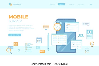 Online Survey Testing Questionnaire. Phone screen with online filling forms and check marks. Vote, checklist, examination, feedback service, customer support. Can use for web banner, landing page, web