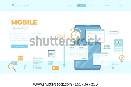 Online Survey Testing Questionnaire. Phone screen with online filling forms and check marks. Vote, checklist, examination, feedback service, customer support. Can use for web banner, landing page, web