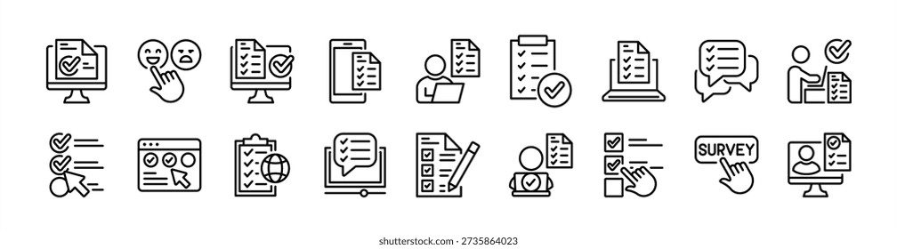 Online survey thin line icon set. Contains customer satisfaction, checkmark, evaluation, data analysis, review, result, approval, checklist, research, investigation, report. Vector illustration