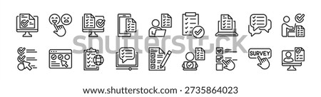 Online survey thin line icon set. Contains customer satisfaction, checkmark, evaluation, data analysis, review, result, approval, checklist, research, investigation, report. Vector illustration