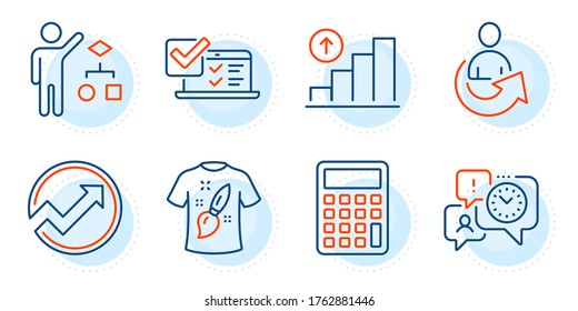 Online survey, Time management and Algorithm signs. Audit, Share and Calculator line icons set. Graph chart, T-shirt design symbols. Arrow graph, Referral person. Education set. Vector