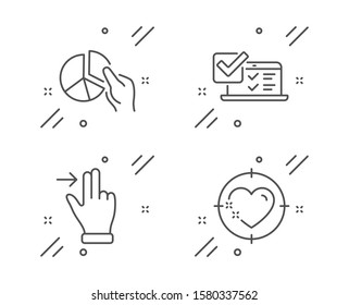 Online survey, Touchscreen gesture and Pie chart line icons set. Heart target sign. Quiz test, Slide right, Presentation graph. Love aim. Business set. Line online survey outline icon. Vector