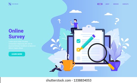 Online survey, user feedback, customer testimonials, online test, questionnaire landing page concept. Flat vector illustration with tiny characters for web site, landing page, hero image, banner