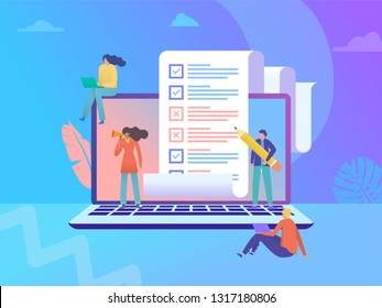 online survey vector illustration concept, people filling online survey form on laptop, to do list paper note,  can use for, landing page, template, ui, web, homepage, poster, banner, flyer