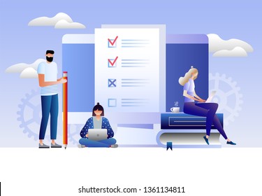 online survey vector illustration concept, people filling online survey form on computer, to do list paper note, can use for landing page template, ui, web, homepage, poster, banner, flyer. Character 