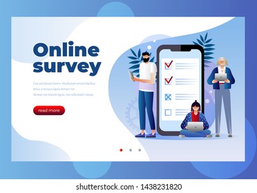 Online survey vector illustration concept, people filling online survey form on mobile and laptop.  landing page template, can use for ui, web, mobile app, poster, banner, flyer 