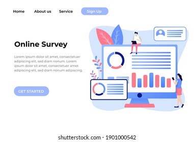 Online survey vector illustration concept, people filling online survey form on laptop. landing page template, can use for ui, web, mobile app, poster, banner, flyer