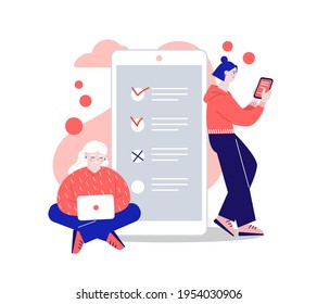 Online survey vector illustration concept, people filling online survey form on mobile and tablet.  Can use for ui, web, mobile app, poster, banner, flyer 