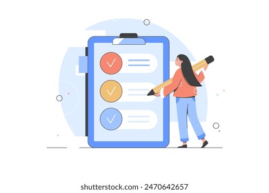 Online survey vector illustration concept, filling online survey form on gadgets, to do list paper note. Filling up survey form