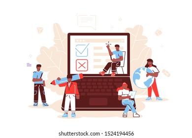 Online survey vector illustration. Online voting. Online survey technology concept with people and laptop with checklist. Yes No list.Flat style vector illustration for web banner, print, infographics