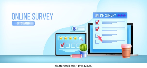 Online survey, vector internet feedback questionnaire mobile app concept, laptop screen, tablet. Customer review, client satisfaction rating, stars, checklist. Online survey landing web page template