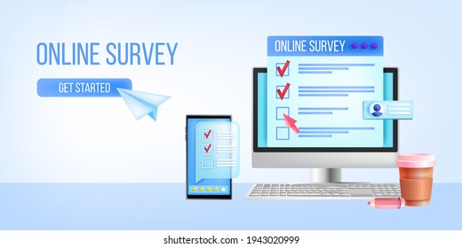 Online survey, vector internet questionnaire landing page template, smartphone, computer screen. Customer feedback SMM concept, client experience, review design. Online survey, web research background