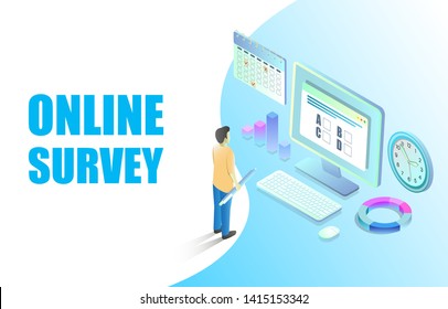 Online survey vector web banner design template. Online customer review, testing, questionnaire, voting concept for website page etc.
