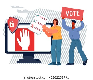 Online survey and vote, public opinion poll banner or poster design with voters citizens cartoon characters, flat vector illustration isolated on white background.