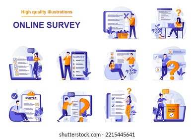 Online survey web concept with people scenes set in flat style. Bundle of online testing, examination in mobile app, answering in digital form, feedback. Vector illustration with character design