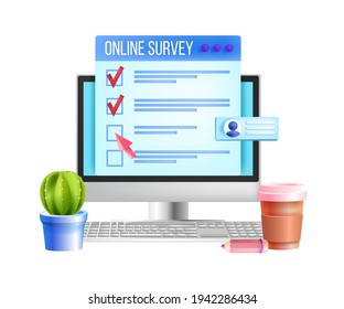 Online survey, web questionnaire vector form illustration computer screen, keyboard, cactus, cup. Customer feedback, user experience marketing research, pencil. Online survey business SMM concept