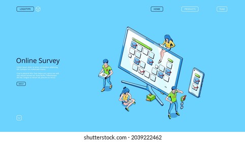 Online survey website. Web service with questionnaire, checklist or poll for client feedback, vote and customer opinion research. Vector landing page with isometric people and test on screen