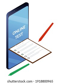 Online surveys or exam form. Checklist from smartphone screen and pencils. Isolated vector isometric illustration.
