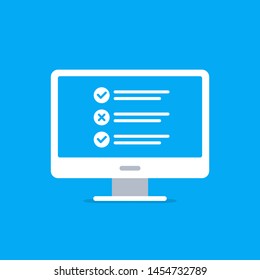 Online surveys form. Online exam. Checklist on the computer screen. 
Isolated vector illustration in flat style.