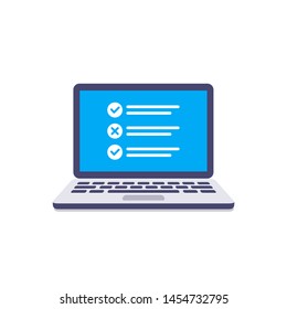 Online surveys form. Online exam. Checklist on the laptop screen. Isolated vector illustration in flat style.