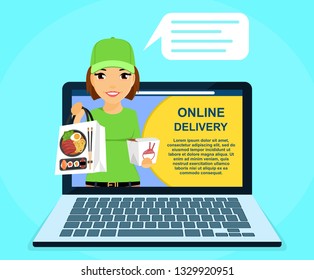 Online sushi delivery service. Young courier girl holding sushi in her hand. Online application. Online service. Flat style on blue background. Cartoon.