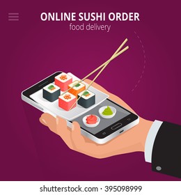 Online Sushi Order. Ecommerce Concept: Order Food Online Website. Flat 3d Isometric Vector Illustration.