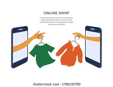 Online swap shop or party. Internet event of exchange old wardrobe for new. Two hands change clothes on hangers through smartphone screen. Mobile app for goods swap. Banner, flyer, vector illustration